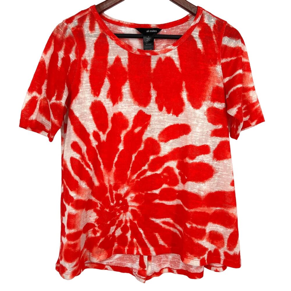 Ali Miles Size Small Tie Dye Red Short Sleeve Blouse Shirt Top Patriotic Artsy